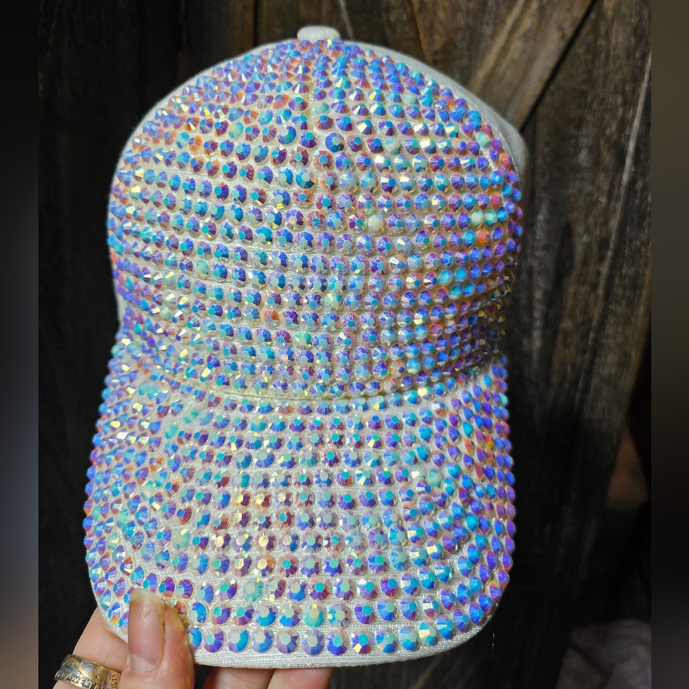 NWT White And Silver AB Rhinestone Trucker Baseball Cap